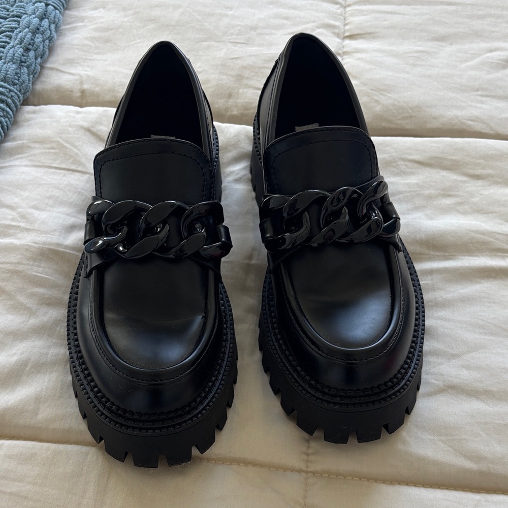 Steve Madden Black Loafers with Chain Accent
